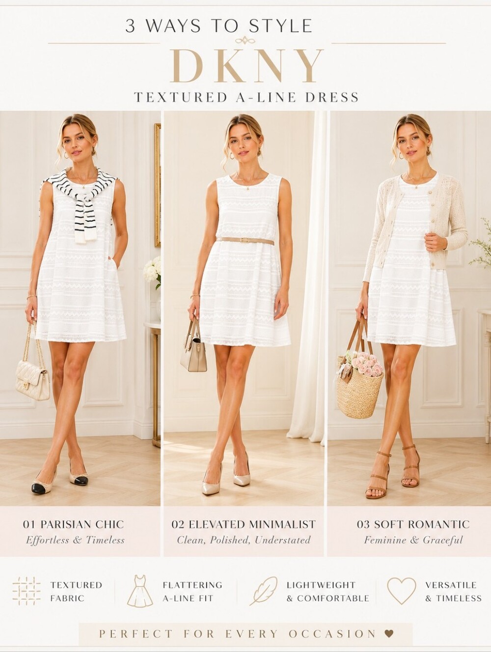 DKNY White Textured Fit & Flare Sleeveless Dress Size 8 Classic Chic - Picture 3 of 8